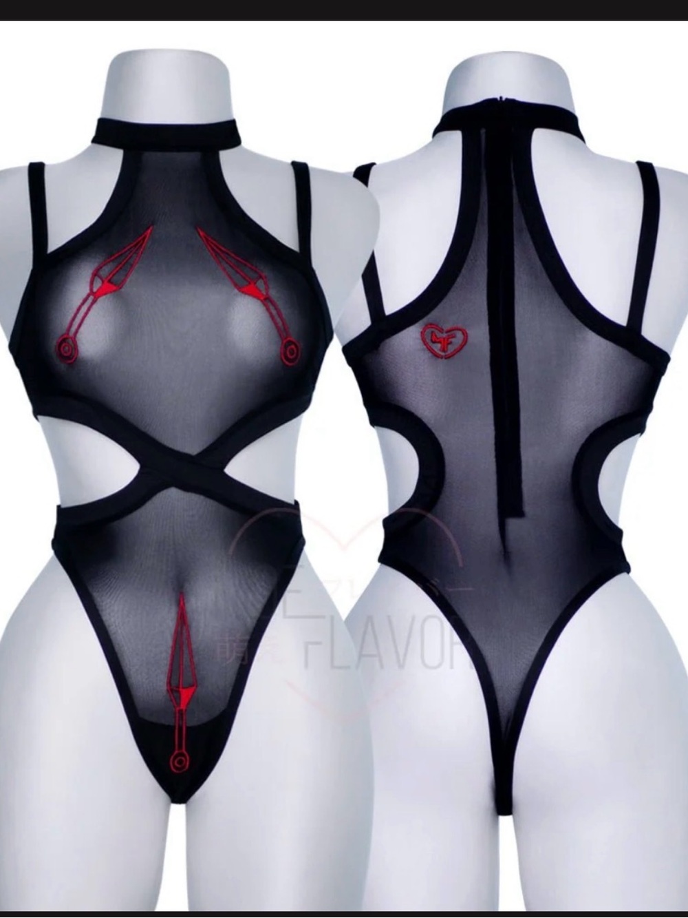 Black Sheer Mesh Cutout Bodysuit with Red Embroidered Accents | NWOT